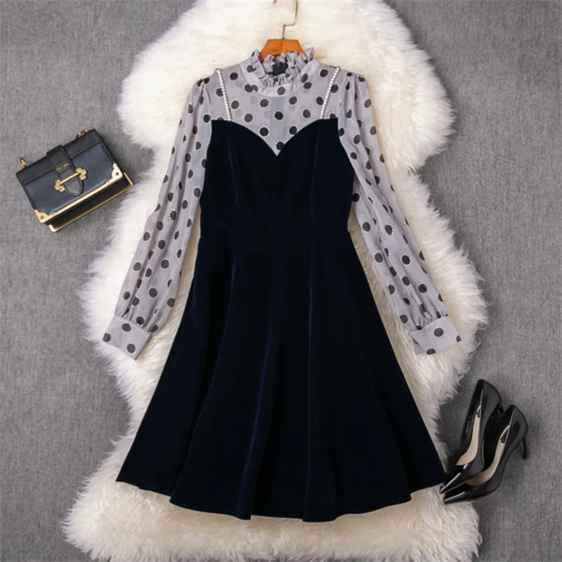 Новое поступление, Женское зимнее платье с длинным рукавом, vestidos, модное осеннее дизайнерское лоскутное платье в горошек с жемчугом, вечерние платья из велюра