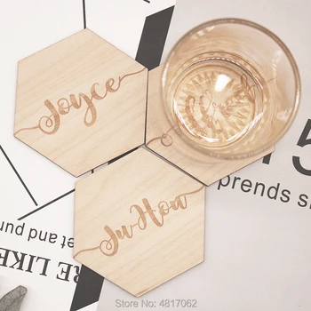 

Personalized hexagon coasters ,Personalized wedding favors, engraved geometric wooden coasters