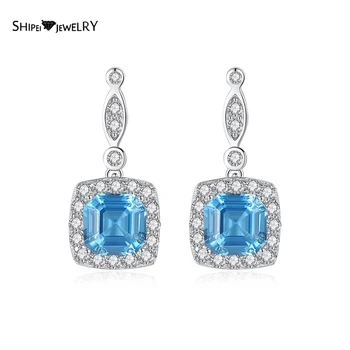 

Shipei Luxury 925 Sterling Silver Asscher Cut Sapphire Created Moissanite Earrings For Women Wedding Engagement Fine Jewelry