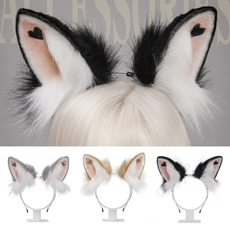 Cute Lolita Headbands Furry Rabbit Cat Ears Headwear with Heart Kawaii Animal Hair Hoop for Cosplay Headpiece Party Supplies