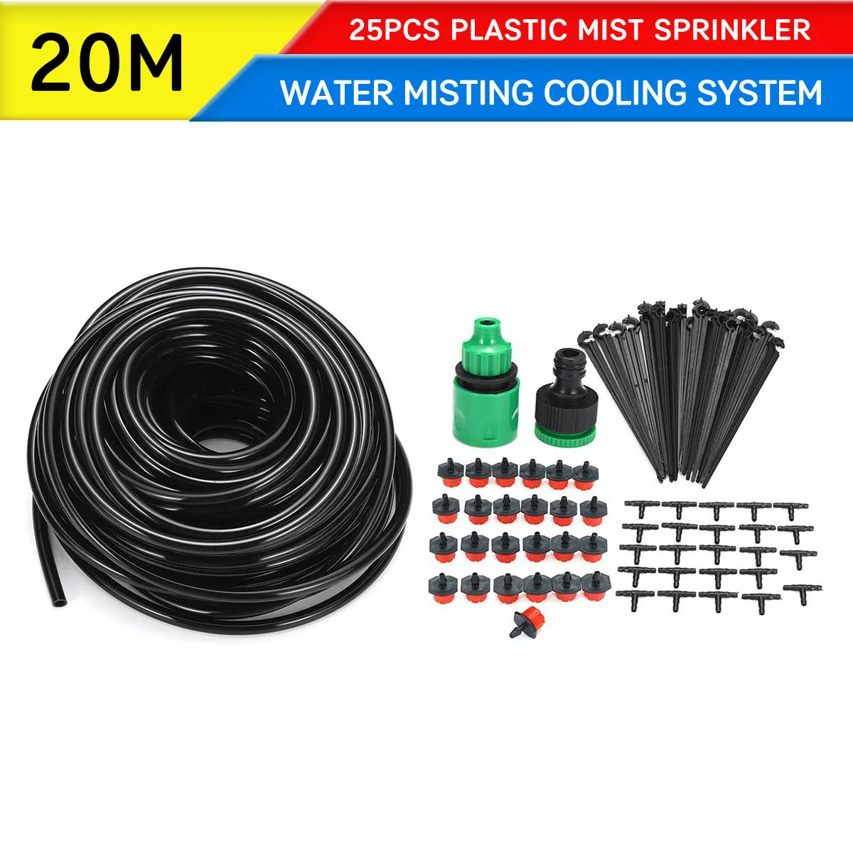 

20m Water Misting Cooling System Sprinkler DIY Set 25Pcs Plastic Mist Sprinkler Nozzle Irrigation Kit For Outdoor Garden Patio