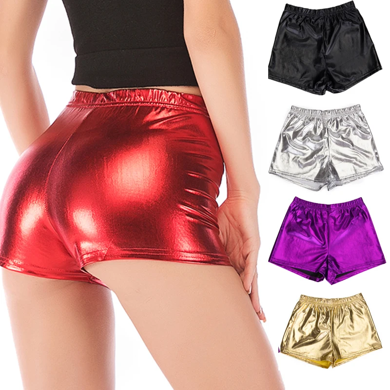 

FLORATA High Waist Leather Shorts Shiny Stretch Women Girls Disco Short Pants Sexy Night Club Shorts Cool Shorts Street Style