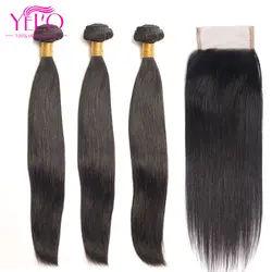 YELO Продукты для волос бразильские девственные волосы прямые пучки с бесплатной/средней/три части 4X4 кружева закрытие