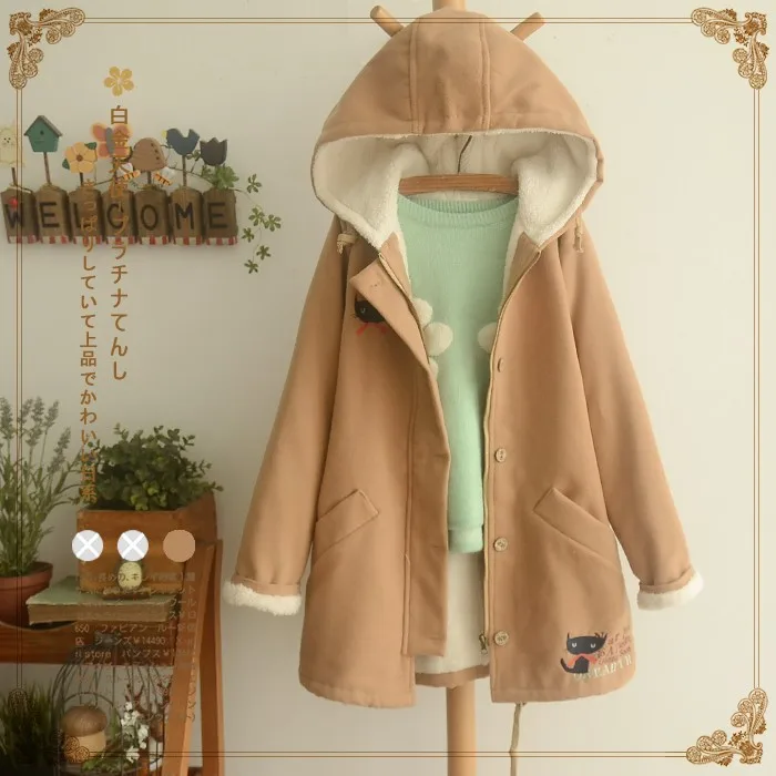 

Japanese-style Mori Girl Line Hipster Cartoon Cat Embroidery Hooded Woolen Thick plus Velvet Cotton Overcoat Women's