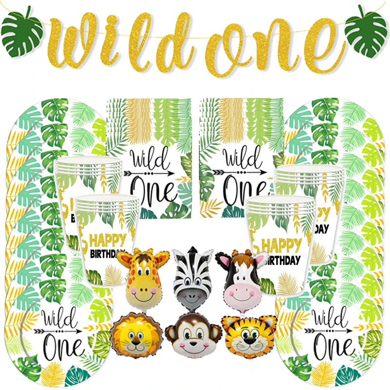 Wild One Party Supplies Wild One Disposable Tableware with Wild One Plates Cups Napkins Banner Serves 16 for Wild One Baby Showers First Birthday Decorations 