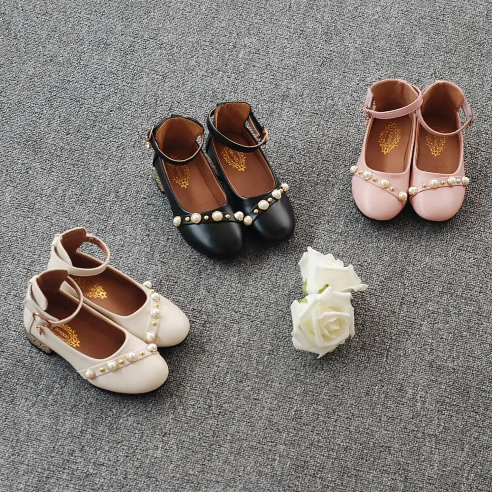 New Girls Sandals Kids Leather Shoes Princess Shoes Sandal Girls Leather Shoes With Short Heels Pearl Single Roman Shoes Girls