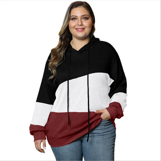 Fioncrow Women Plus Size Pullover Hoodie Colorblock Striped Long Sleeve Hooded Sweatshirt With Hood Autumn 2021 Women's Clothing black hoodie