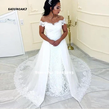 

SATONOAKI Sexy Vintage Lace A-line Overskirts Wedding Dresses 2020 Off Shoulder Plus Size Arabic African Country Bridal Gowns