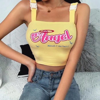 

Yellow Girls Buckle Spaghetti Strap Cropped Tops Angel Printing Sleeveless Women Sport tank Tops For Gym Vest
