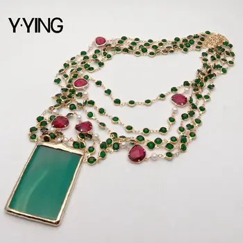 

Y·YING 18'' White freshwater Pearl Green red Crystal Chains Necklace Green stone Pendant handmade party for women jewelry