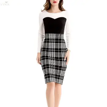 

Plaid Dress Business Vintage Dress Patchwork Print Office Dress Pencil O-neck Work Dress Long Sleeve Zipper Slim Womens Dresses