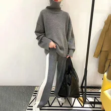 Autumn Two Piece Sets Women Korean Elegant High Neck Solid Knitted Sweater and Wide Legs Long Pants Tracksuits Causal Suits Autumn Two Piece Sets Women Korean Elegant High Neck Solid Knitted Sweater and Wide Legs Long Pants Tracksuits Causal Suits