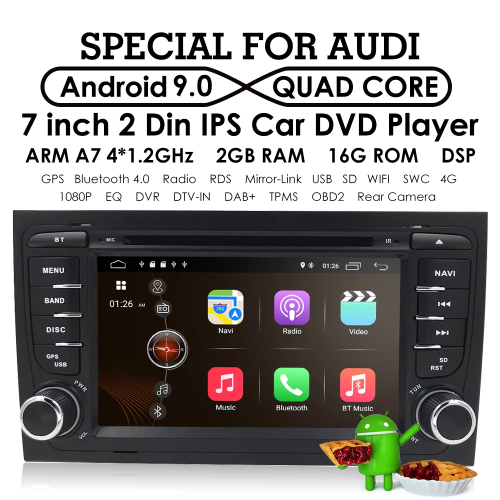 Top 1080P 2 Din Car Multimedia Player GPS Android 9 DVD Automotivo Radio For Audi A4 8H/A4 8E 3-door Hatchback/S4 8E/RS4 Sportback 2