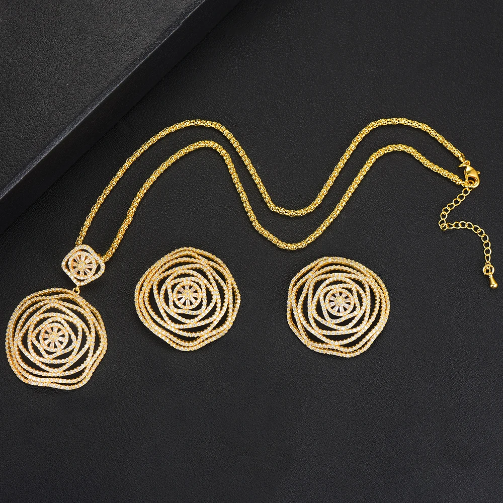 missvikki 2PCS Hot Luxury Dubai Bridal Wedding Round Pendant Earrings Necklace Jewelry Set Super CZ New Design Fashion Jewelry