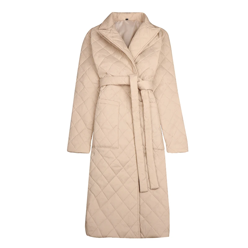 

Long Down Jacket Women Rhombus Pattern Oversize Parka Winter Loose Sashes Jacket Casual Long Sleeved Solid Warm Coat Veste Femme