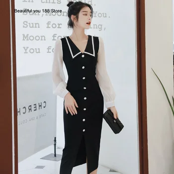 

women's 2020 Autumn new clothing temperament collar sexy contrast color high waist slimming dress