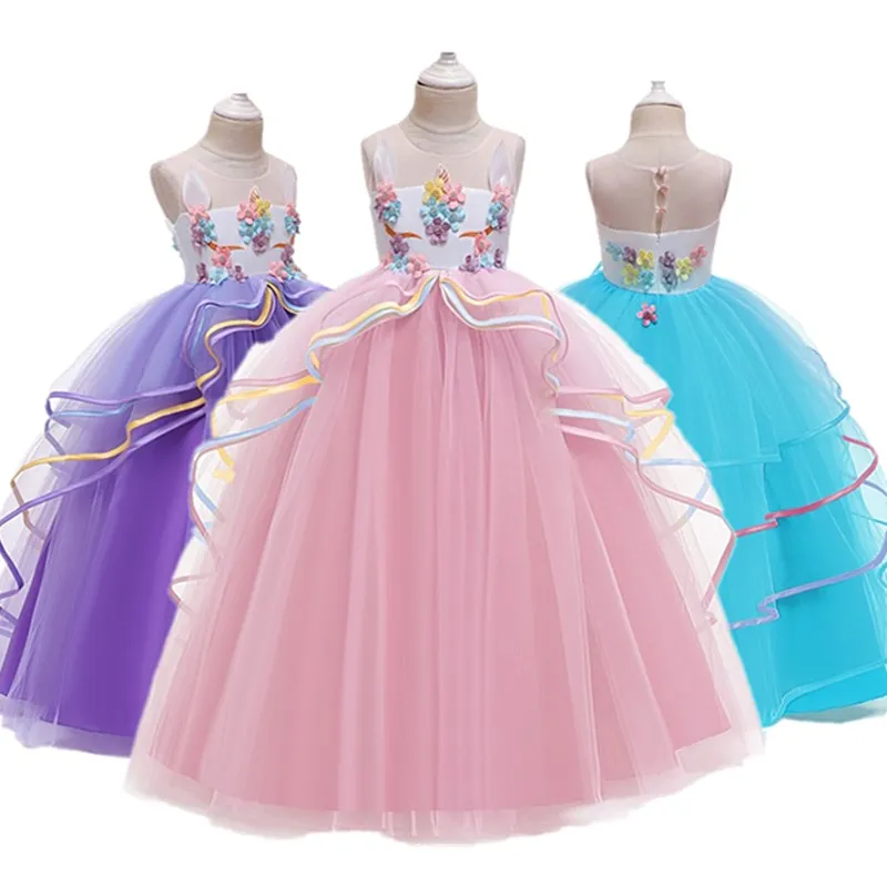 Fantasy Unicorn Dress For Girl Princess Party Dress Baby Halloween Costume Rainbow Tiered Mesh tutu Dress Kids Licorne Long Robe