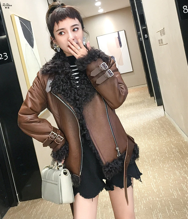 ZiZhen Short Jacket 100% Merino Sheep Fur Brown Overcoat Real Skin Winter Woman OL Style Zipper Turn-down Collar 190925-4 | Женская