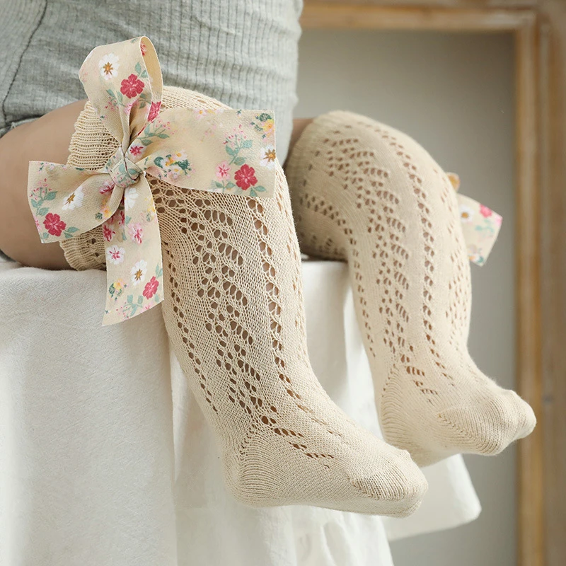 Summer Kids Socks Floral Big Bow Toddlers Girls knee High Long Sock Soft Cotton Hollow Out Baby Socks Mesh Girl Princess Socken