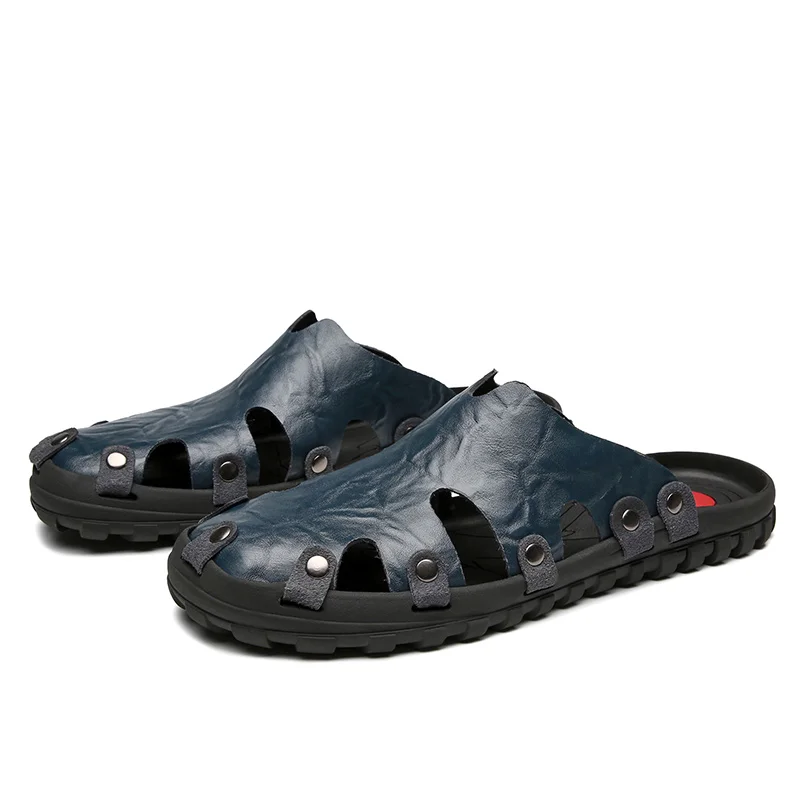 blue Slippers KATESEN/Новое поступление; фирменные шлепанцы высокого качества ручной работы; Летняя обувь из натуральной коровьей кожи; Модные мужские пляжные сандалии; вьетнамки - Цвет: blue Slippers