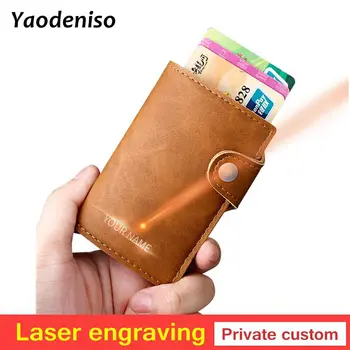 

Laser engraving Genuine Leather Men Aluminum Wallet Pocket Card holder RFID Blocking Mini Automatic Credit Card Purse gift