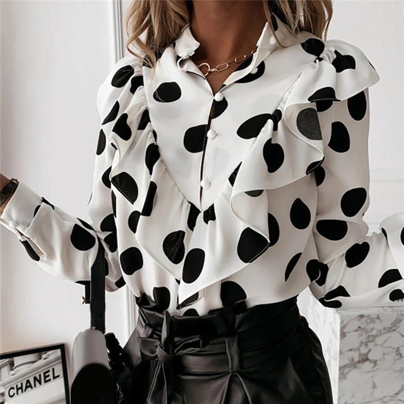 

FUFUCAILLM Polka Dot Ruffle Blouses, Office Lady Vintage Blusas, Women Elegant Buttons V Neck Long Sleeve Spring Autumn Tops