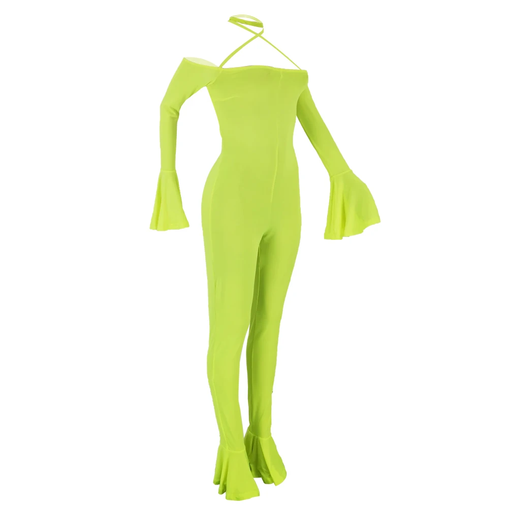 GL Women Winter Playsuit Jumpsuit Full Flare Sleeve Slash Neck Bandage Strap Sexy Backless Night Romper Party outfits HY5105