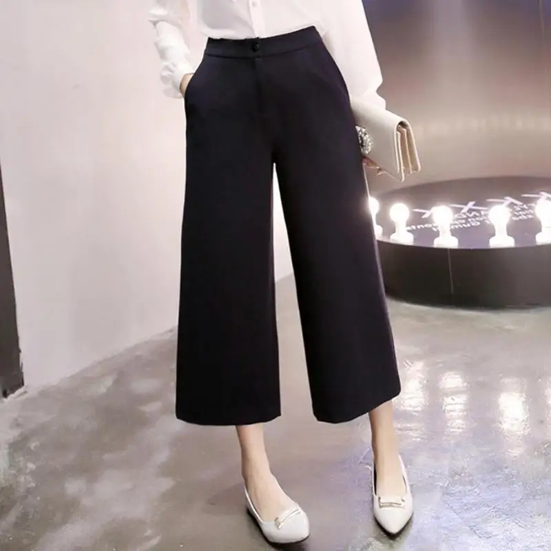 

Fashion Women Solid High Waist Summer Spring Wide Leg Calf-Length Trousers