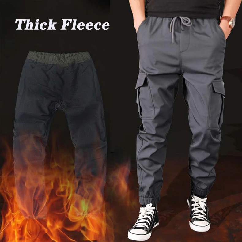 

2020 New Men Winter Thick Fleece Warm Casual Pants Men Streetwear Multi Pocket Loose Cargo Jogger Pants