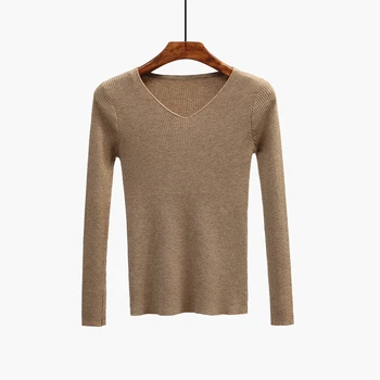 

New Autumn Long Sleeve V-neck Knitted Sweater Korean Women's Spring Pullovers Casual Sweaters Thin Slim Fit Jumpers Fashion Tops