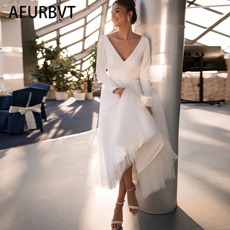 Casual A Line Midi Party Dress Long Sleeve V Neck Sexy Elegant Satin Solid Color Fashion Female White 2021 | Женская одежда