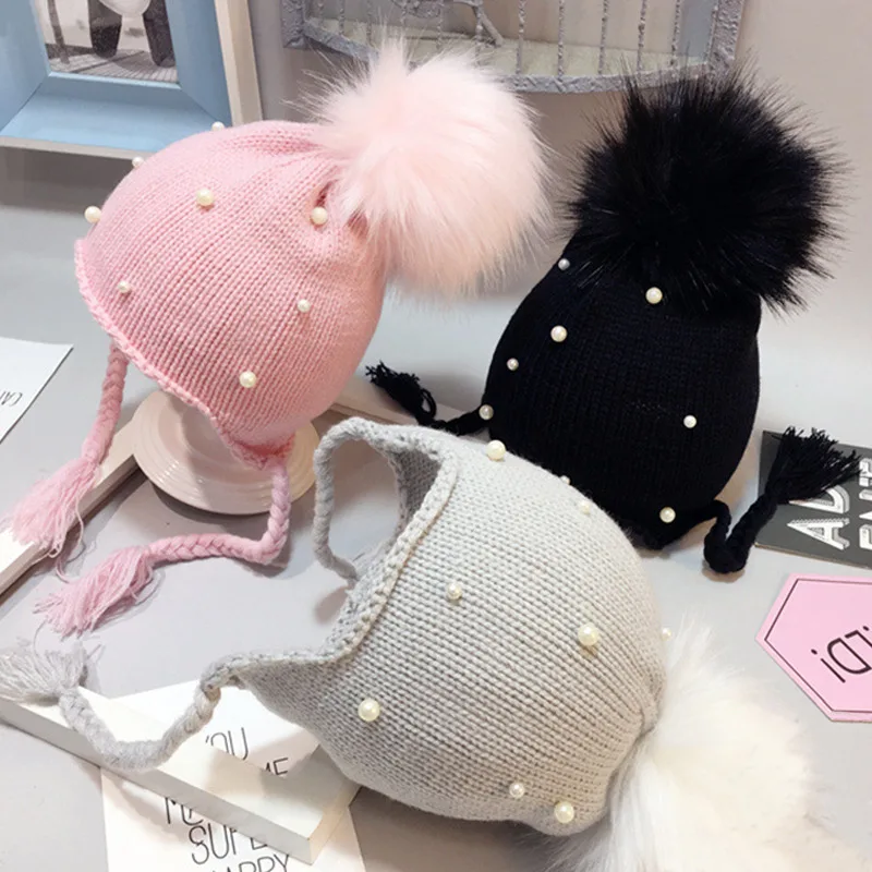 Pearl Beanies Baby Hat Pompom Winter Children Crochet Hat Toddler Boy Girl Warm Earflap Cap Solid Color Cotton Soft Beanie Cover Ears (1)