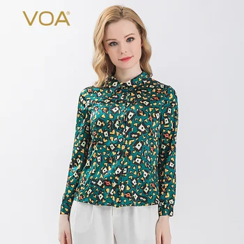 

VOA Satin 16mm M Green End Dyed Silk Polo Collar Long Sleeve Single Breasted Casual Classic Style Printed Shirt B9612