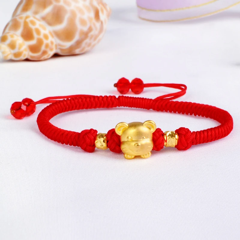 2pcs Bead with Mouse Женский браслет из чистого желтого золота 24 к с 3D милой мышкой+ плетёный браслет из золотых бусин 6," L 13x10 мм мышь - Цвет камня: 2pcs Bead with Mouse