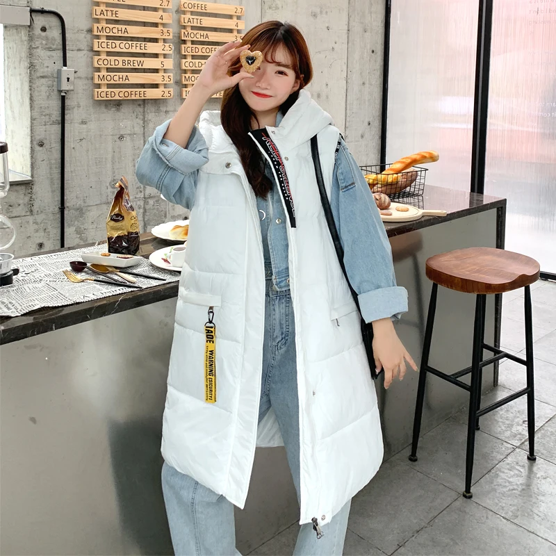 

New Winter 2019 Hooded Long Snow Jackets Coats Sustans Pockets A Line Thick Sleeveless Zipper Solid Plus Size Casual Women Vest