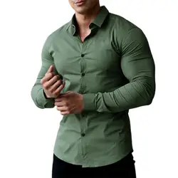 Camisa do homem do músculo da cor sólida do colar da volta para baixo do único breasted do anti enrugamento da camisa de 40% hotmen para o escritório