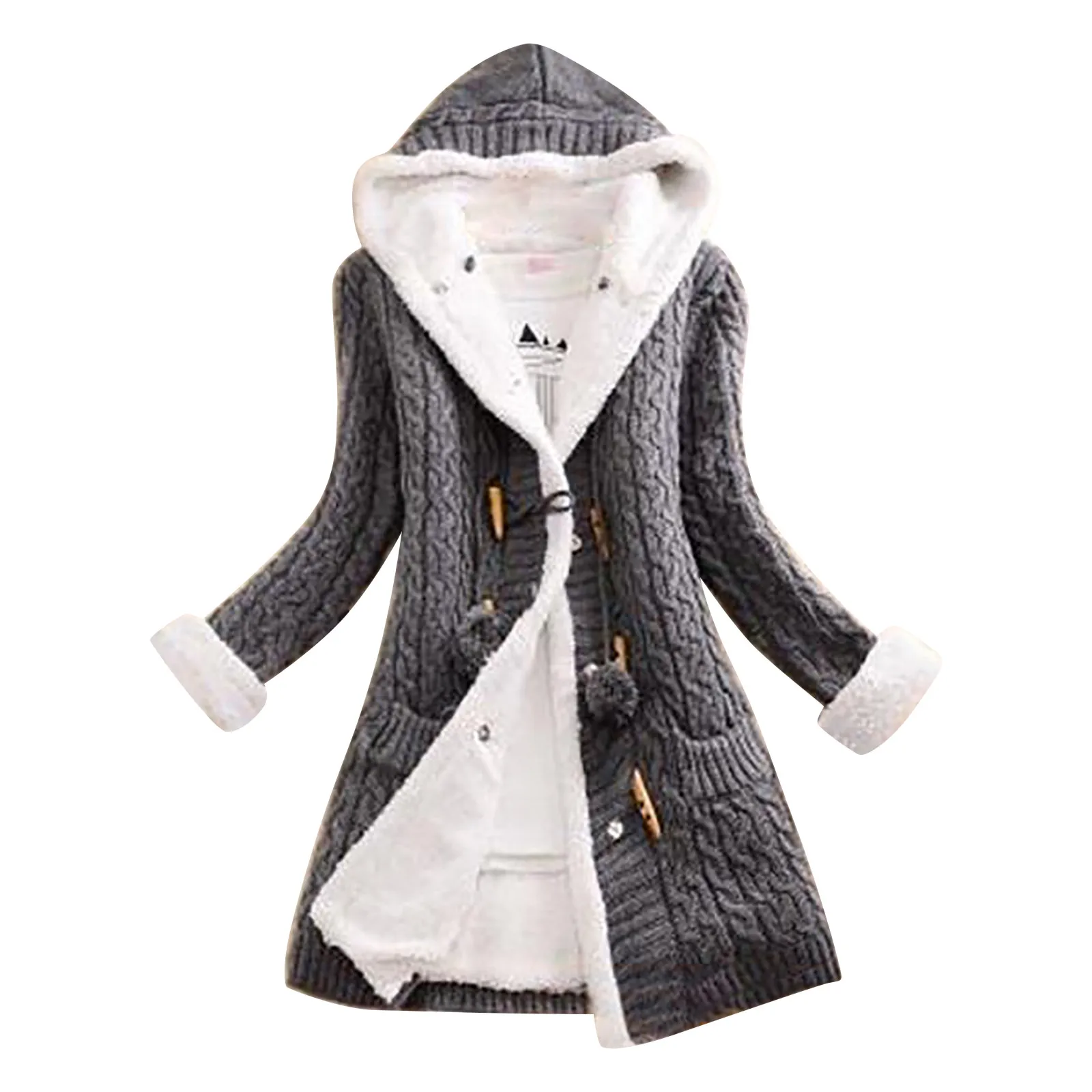 Loose Wool Coat With Hat Jackets Women Casual Knit Button Long Sleeve Cashmere Thick Warm Hooded Cardigan Abrigos Mujer | Женская одежда
