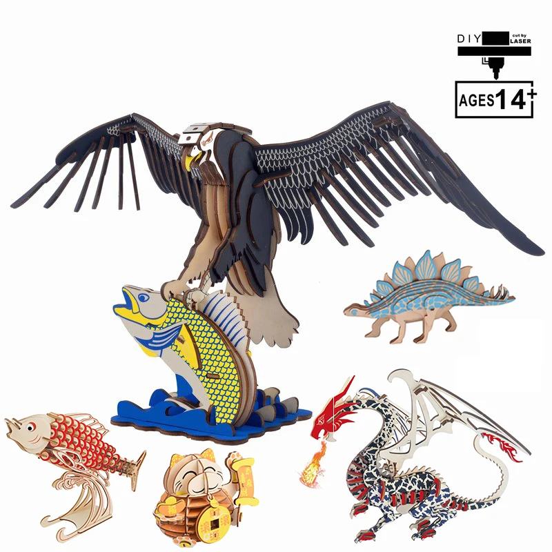 DIY 3D Wooden Puzzle Toys Assembly Model Flying Dragon Carp Eagle Cat Stegosaurus for Children Kids Gift | Игрушки и хобби