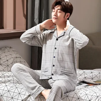 

Autumn and Winter Pigiama Tuta Uomo New Men's Cotton Plaid Cardigan Pyjama Koppels Loose Pajamas Home Clothes Two-piece Suit