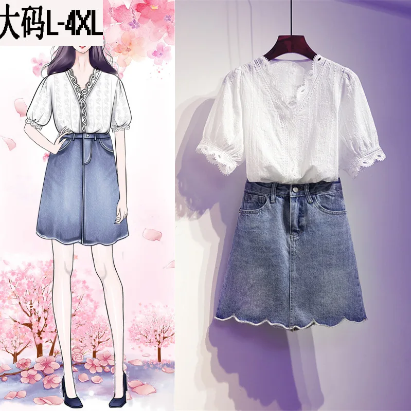 

2019 Summer Wear New Style Large Size Dress Fat Mm Fashion Crochet Hollow out Embroidered Tops Denim Skirt Two-Piece Set