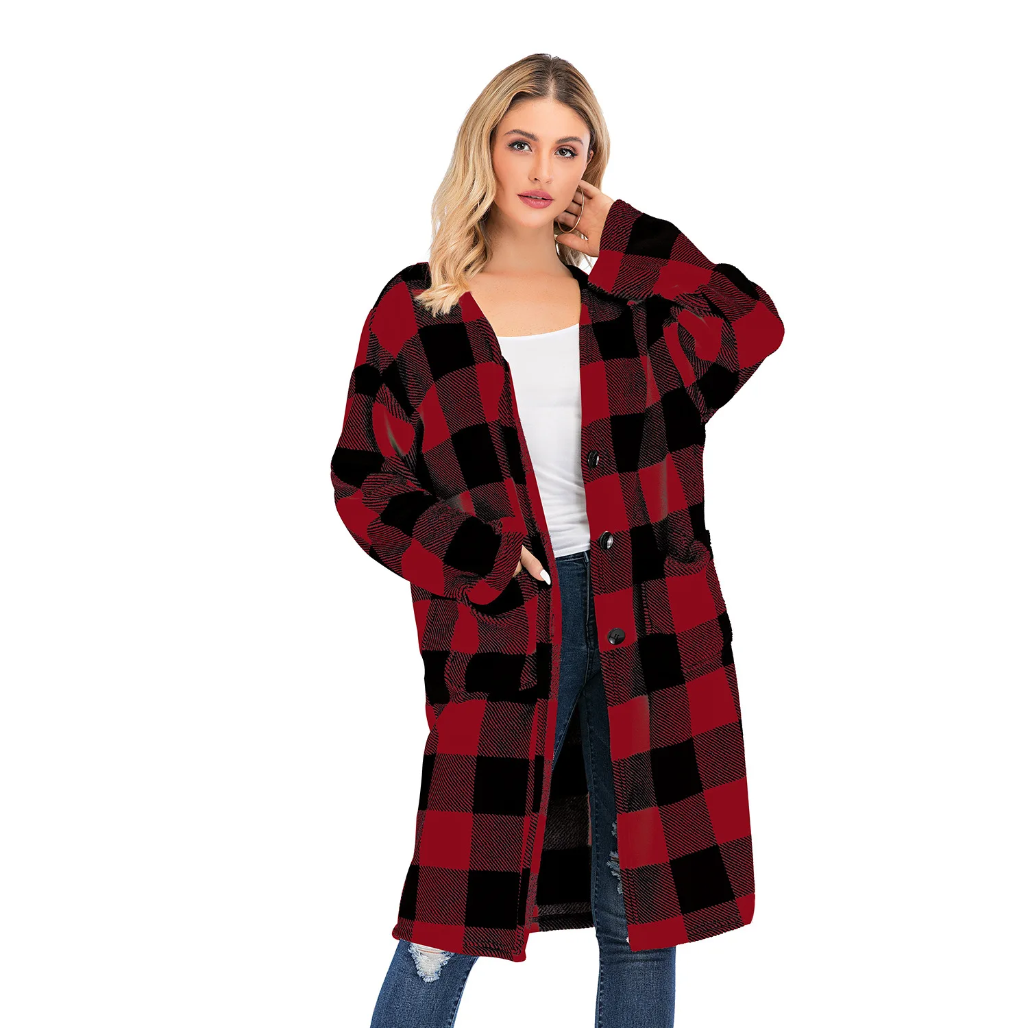 

2019 Autumn and Winter New Sweater Cardigan Contrast Color Plaid Long Sweater Shawl Coat