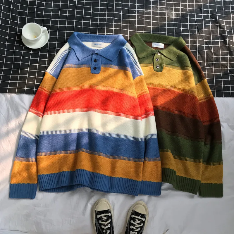 Winter Sweater Men's Warm Fashion Contrast Color Casual Knit Striped Lapel Pullover Man Wild Loose Long-sleeved Sweater Men Winter Sweater Men's Warm Fashion Contrast Color Casual Knit Striped Lapel Pullover Man Wild Loose Long-sleeved Sweater Men