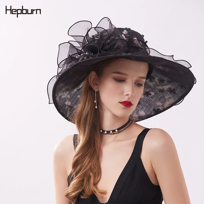 

Hepburn brand prom High grade Flower Elegant Large sun visor hats Organza summer beach hat for women Elegant High grade Flower