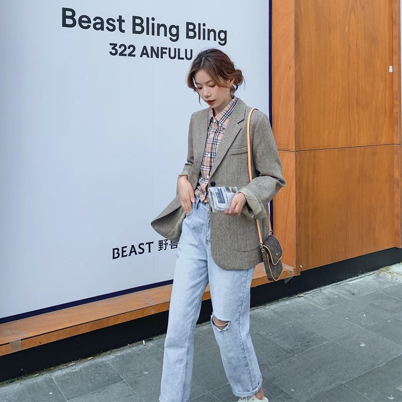 

2020 Spring And Autumn New Ladies Wild Herringbone Sleeves Cuffed Small Suit Fashion Business Casual Jacket Coat Gray