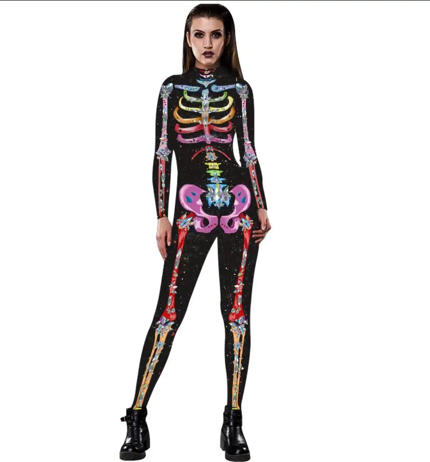 Style 3 Scary Halloween Skeleton Print Costume Adult Women Horror Carnival Joking Catsuit Jumpsuit Long Sleeves Bodysuit For Lady Girls - Цвет: Style 3