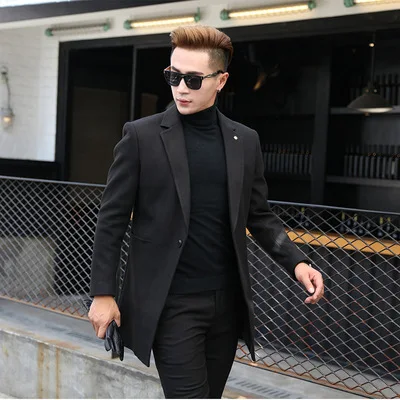 Средний и длинный шерстяной мужской деловой костюм, зимнее Мужское пальто из чистой шерсти, длинное тонкое минималистичное красивое Мужское пальто - Цвет: Черный