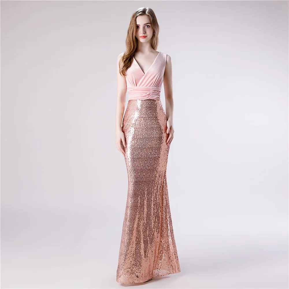 

Light Pink Evening Dresses Sequins V Neck Mermaid Prom Dresses Zipper Floor Length Custom Made vestidos de fiesta de noche 2019