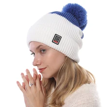 Новая зимняя вязаная шапка женские шапки двухцветные высококачественные шерстяные вязаные шапочки помпон с буквенным знаком теплые шапки для женщин