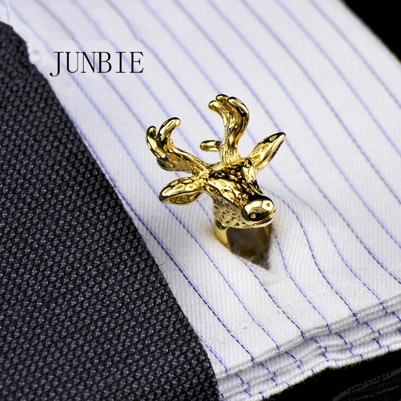 

JUNBIE Jewelry shirt cufflinks for mens Brand Golden deer Cuff link Wholesale Fashion Wedding Buttons High Quality Free Shipping