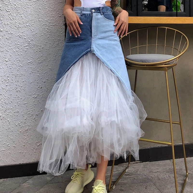 MIAOQINGCasualnetfabricpatchworkwomensdresshighwaistedcolorcontrastdenimirregularmediumlengthskirtwomensfashion2019summernewstyl
